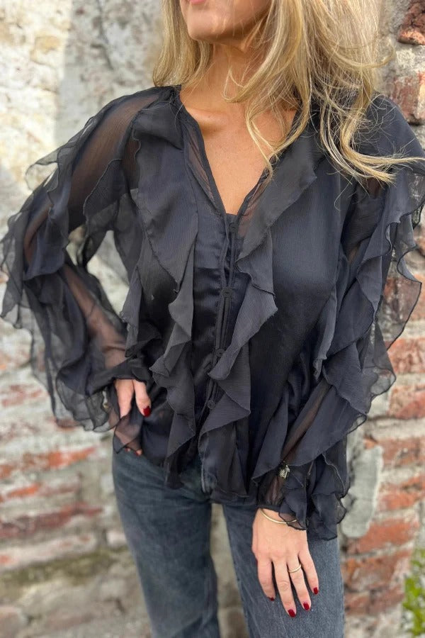 Solid Color Chiffon Ruffled V-neck Patchwork Top