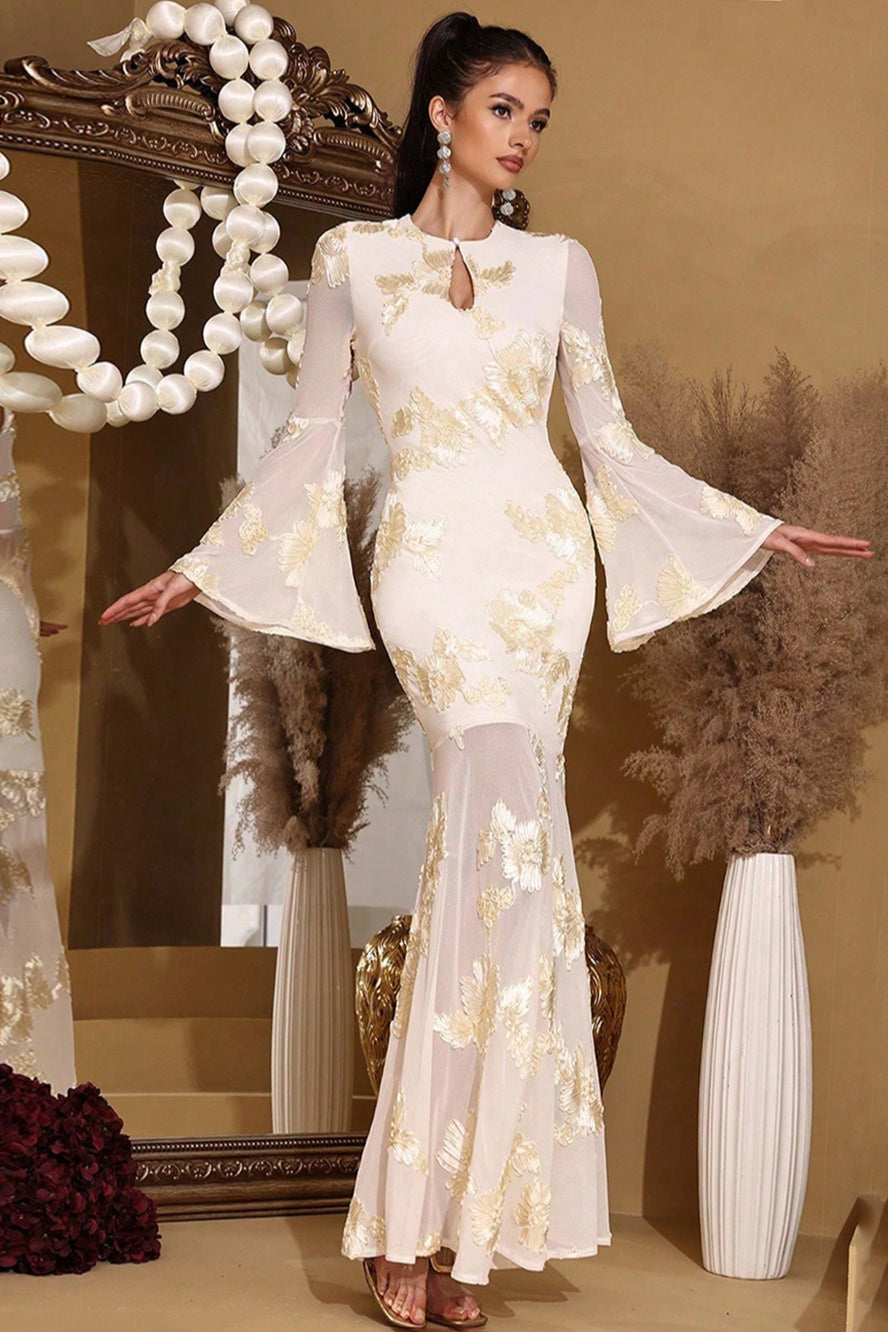 Elegant Embroidered Mesh Trumpet Sleeve Prom Dress