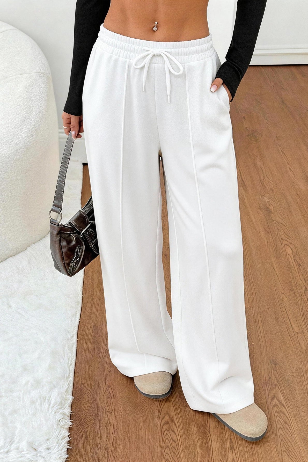 White Drawstring Wide Leg Relaxed Pants