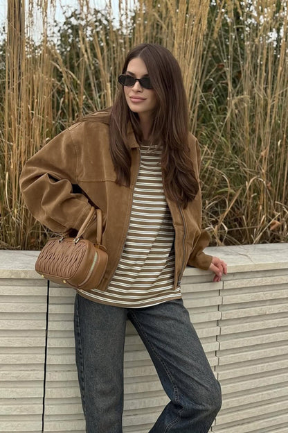French Suede Notch Collar Trench Coat