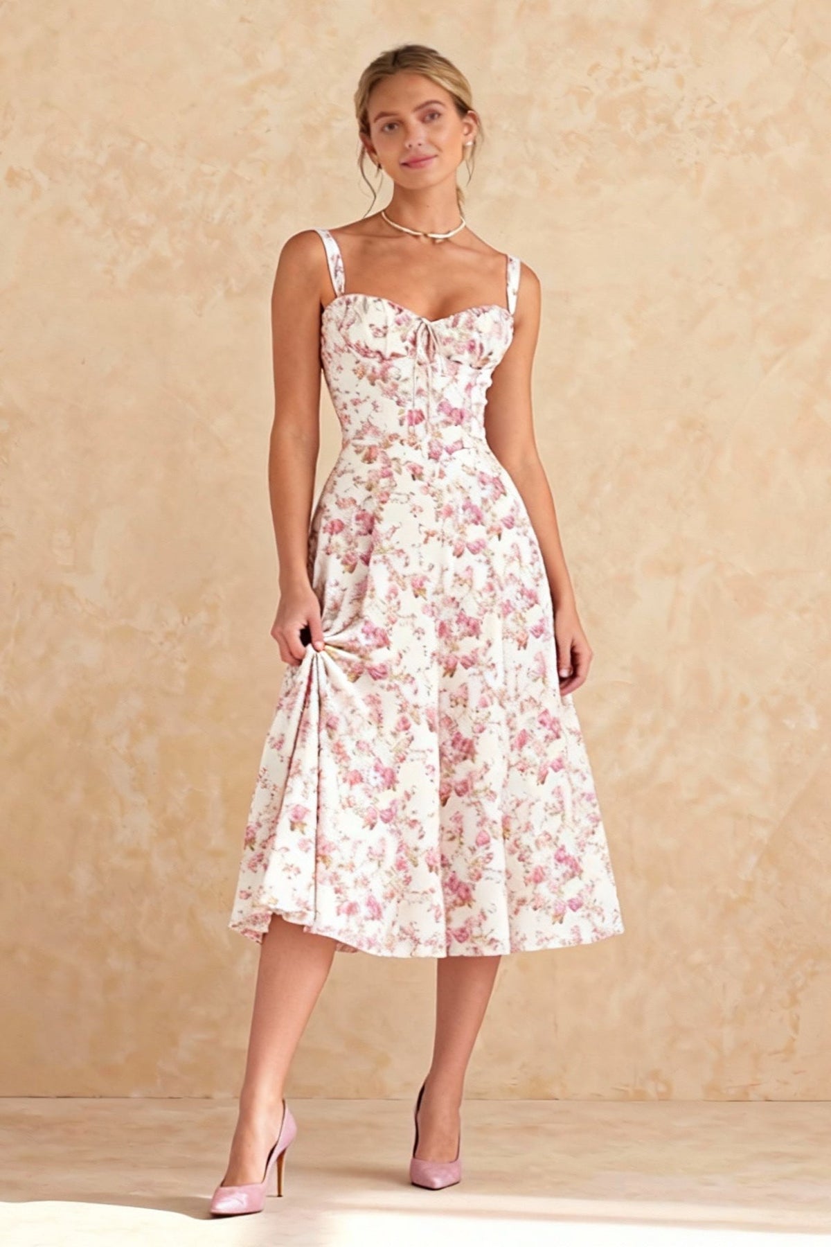 Bustier Sweetheart Tie Front Wide Strap Floral Print A-Line Midi Dress