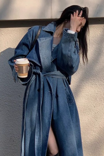 Washed Denim Relaxed Retro Long Overcoat