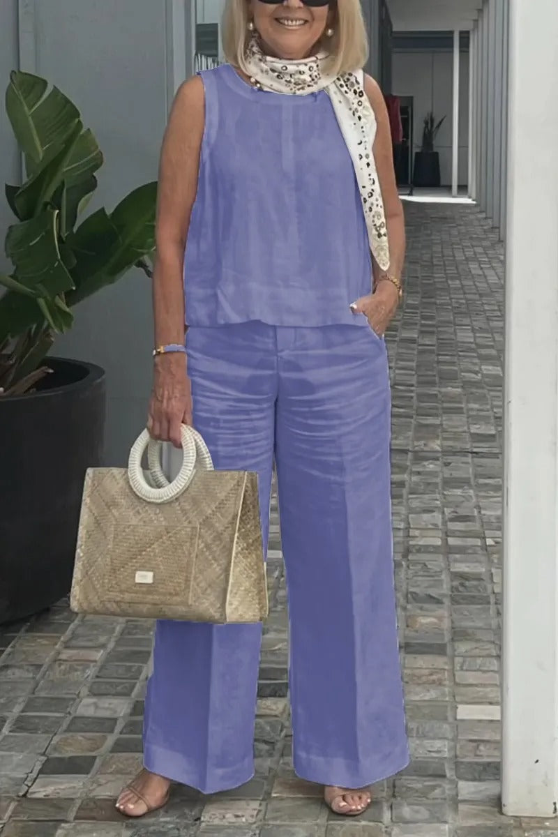 Cotton and Linen Sleeveless Top and Wide-Leg Pants Two-Piece Set