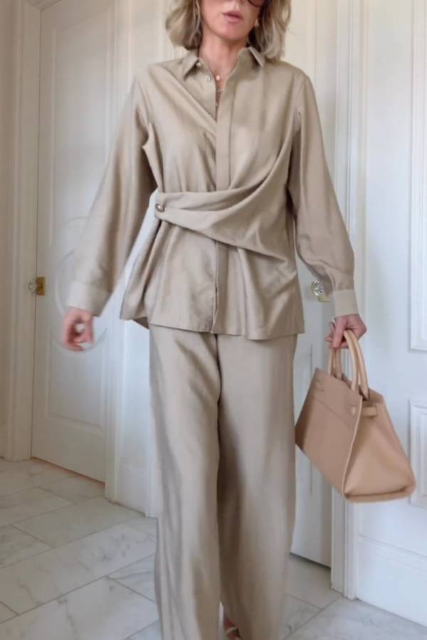 Cross-waist shirt and wide-leg pants suit