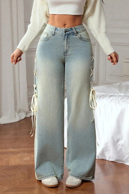 Fashionable Denim Mid Rise Side Ribbon Lace-up Pocket Wide Leg Jeans
