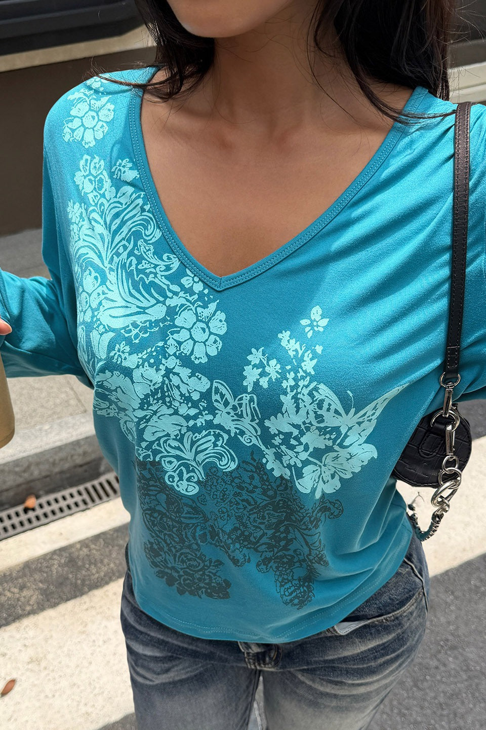 Floral Butterfly V Neck Long Sleeve Tee