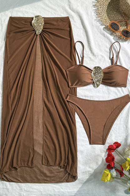 Solid Metal Buckle Strappy Three Piece Swim Set