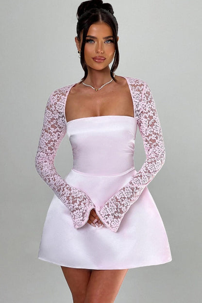 Square Neck Floral Lace Long Sleeve Overlay Satin A-Line Mini Dress