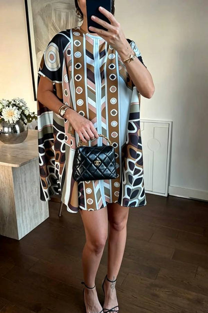 Jaylene Satin Unique Artistic Print Short Sleeve Loose-fitting Mini Dress