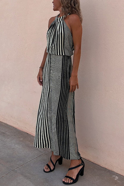 One More Chance Striped Adjustable Waist Halter Midi Dress