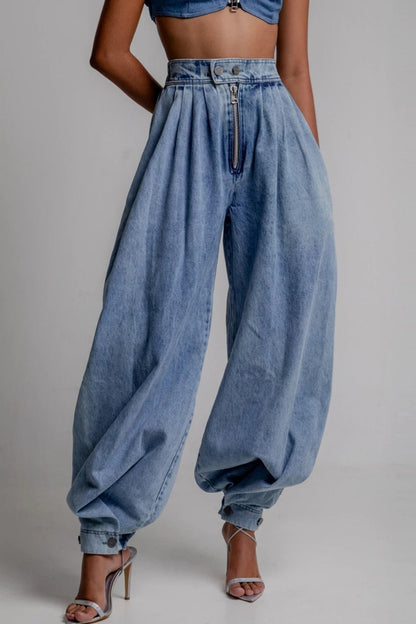High Waist Zipper Cuff Relaxed Vintage Jeans