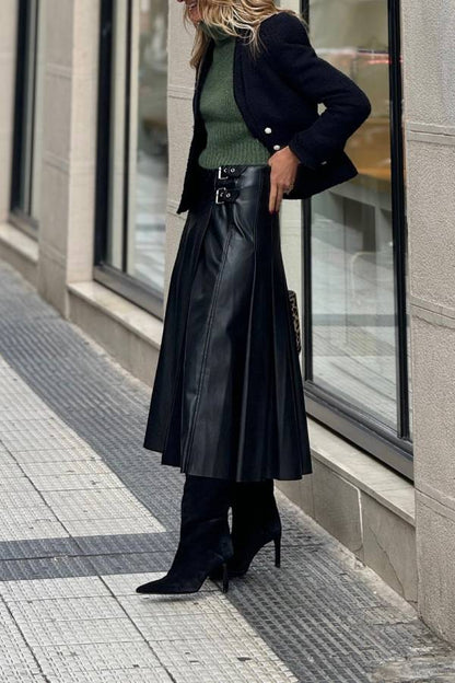 Metal buckle-embellished mid-length A-line leather skirt