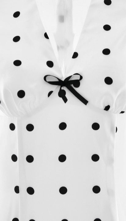 Polka Dot Puff Sleeve Deep V-Neck Fit and Flare Maxi Dress