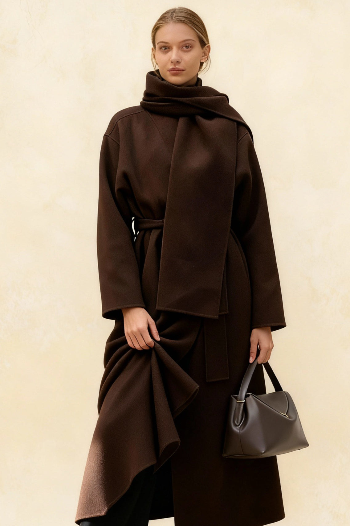 Women's Scarf Collar Woolen Belted Overcoat