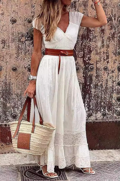 Eyelet Embroidery V-Neck Tiered Lace Hem Cap Sleeve Maxi Dress