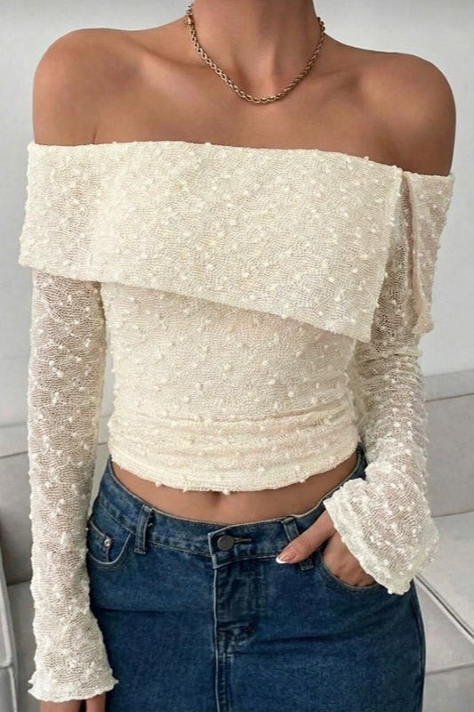 Foldover Off Shoulder Bell Sleeve Lace Tee