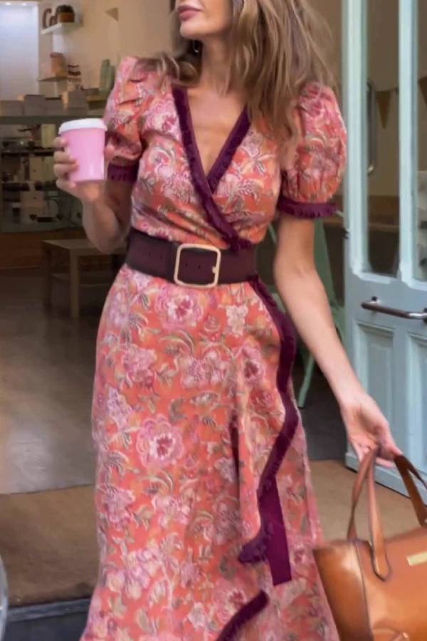 Puff Sleeve Colorblock Trim Wrap Floral Maxi Dress