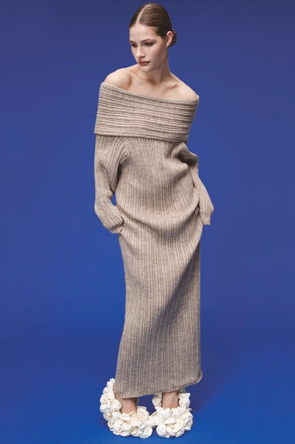 Knit Off Shoulder Long Sleeve Bodycon Sweater Dress