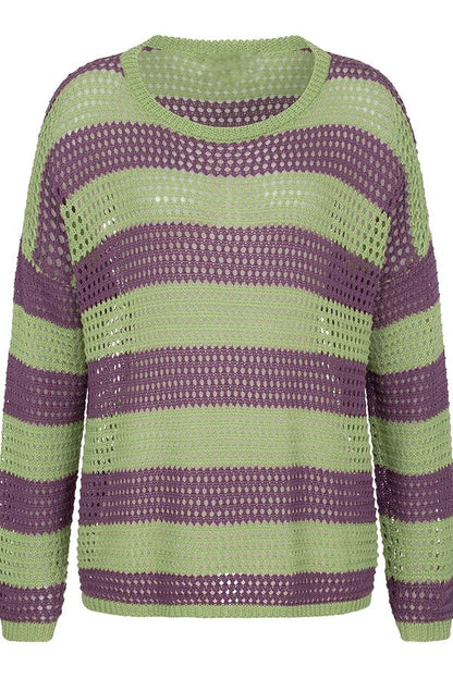 Stylish Knit Color-blocked Stripes Cutout Wide Neck Long Sleeve Relaxed Sweater