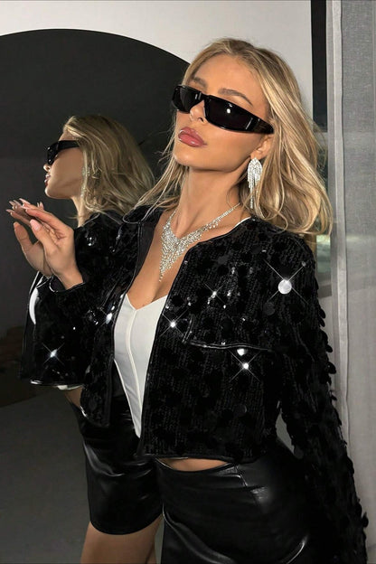 Chic Cropped Metallic Sequin Detail Coat
