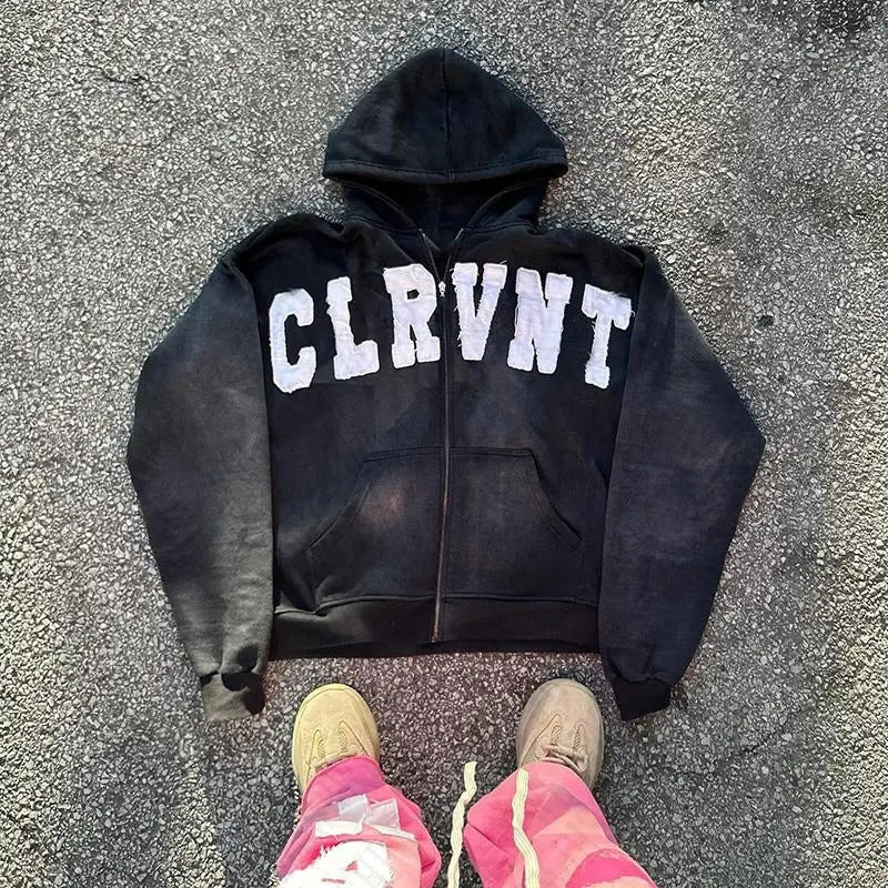 Unisex Goth Print Zip Hoodie