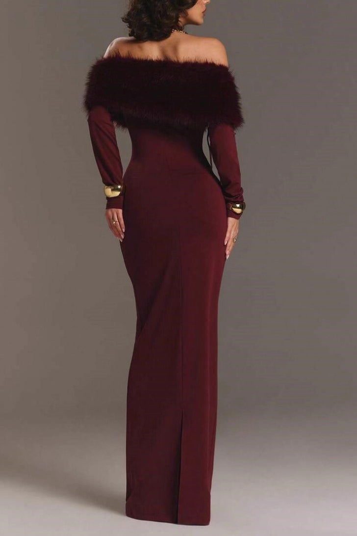 Fur Collar Off Shoulder Bodycon Dress
