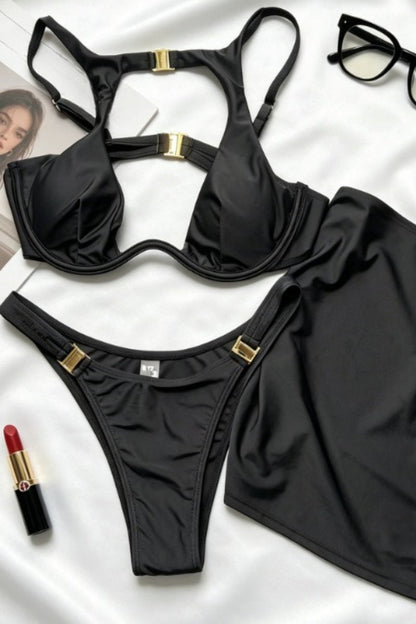 Hollow Out Black Halter Three Piece Swim Set