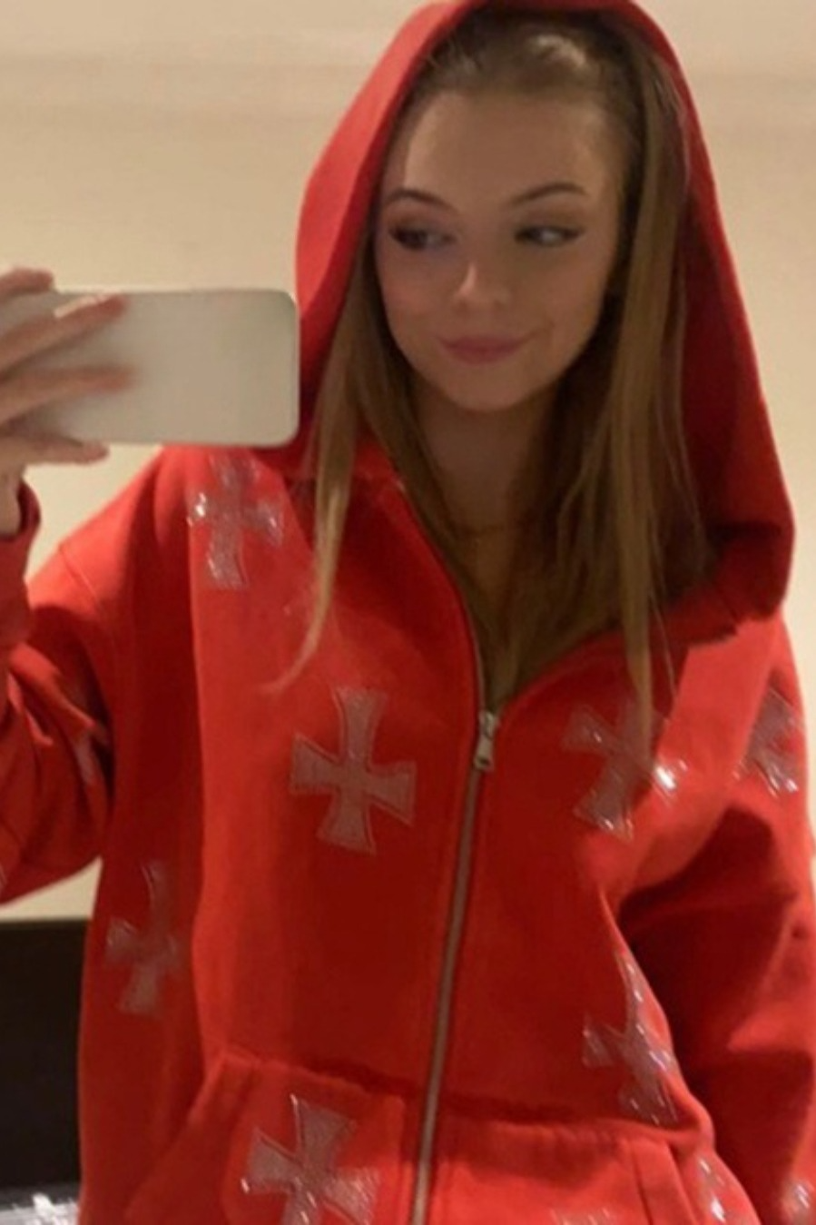 Casual Loose Rhinestone Hooded Zip Hoodie