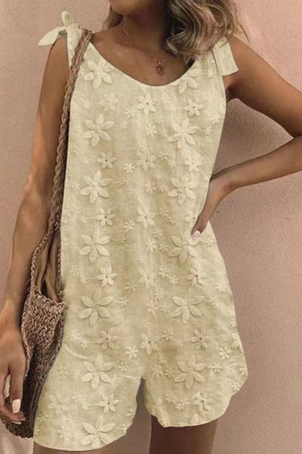 Embroidered floral lace-up tank top romper