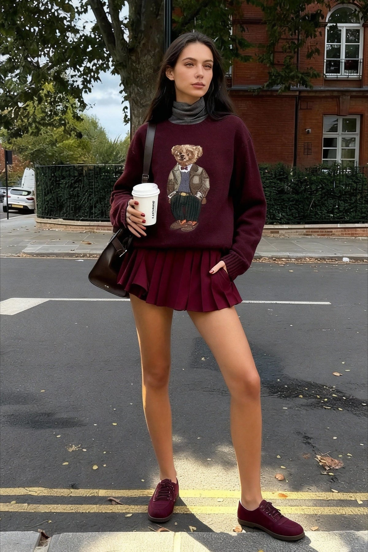 Bear Embroidered Retro Slim-Fit Crew Neck Sweater