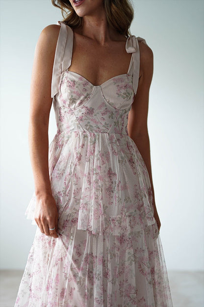 Pink Backless Strap Tiered Floral Dress
