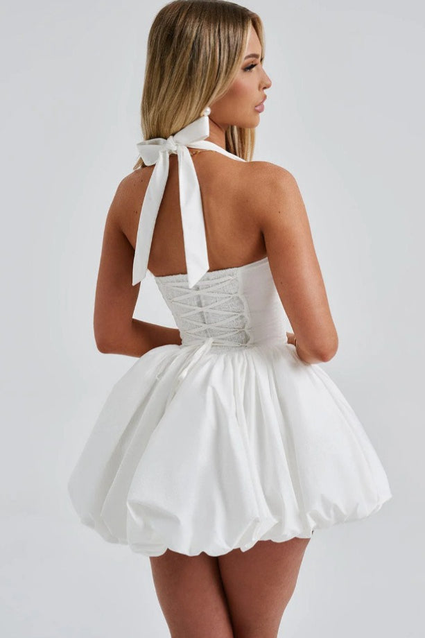 Elegant Halter Tie Bow Puffy Hem Mini Dress