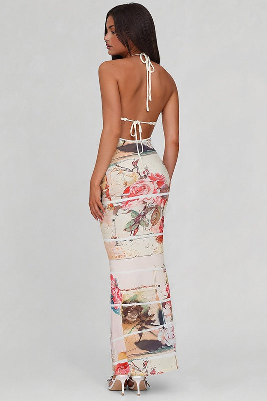 Printed Halter Patchwork Knit Slim Long Floral Dress