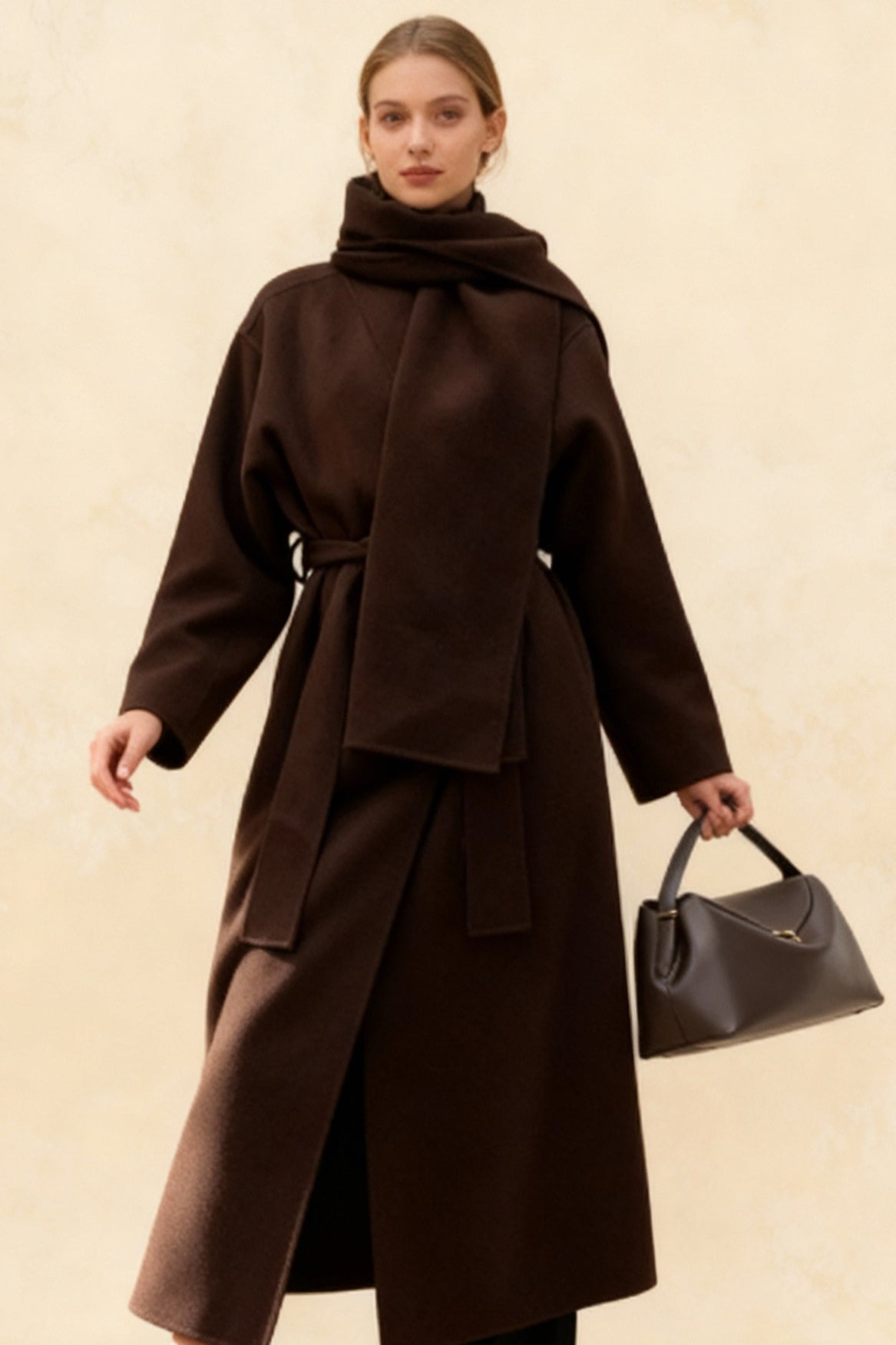 Women's Scarf Collar Woolen Belted Overcoat