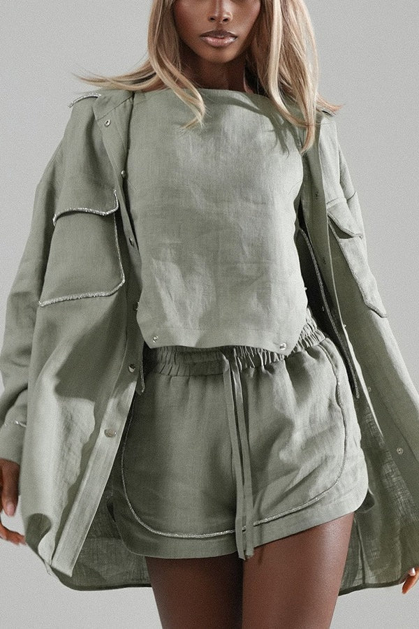 Alanah Linen Blend Silver Tirm Long Sleeve Pocket Oversized Shirt Jacket