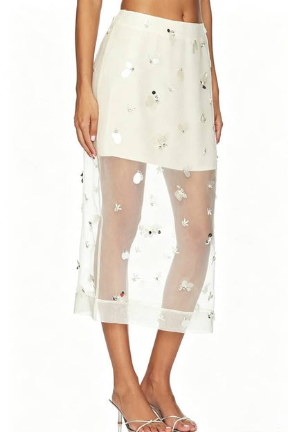 Chic Moment Sequined Organza Fabric Mid Rise Zipper Slit Midi Skirt