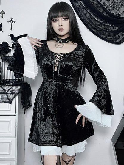 Lace Up Front Crushed Velvet Bell Sleeve Ruffle Cuff Mini Dress