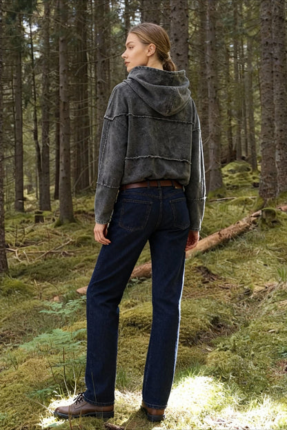 Hooded Effect Color Denim Washed Solid Sweatshirt
