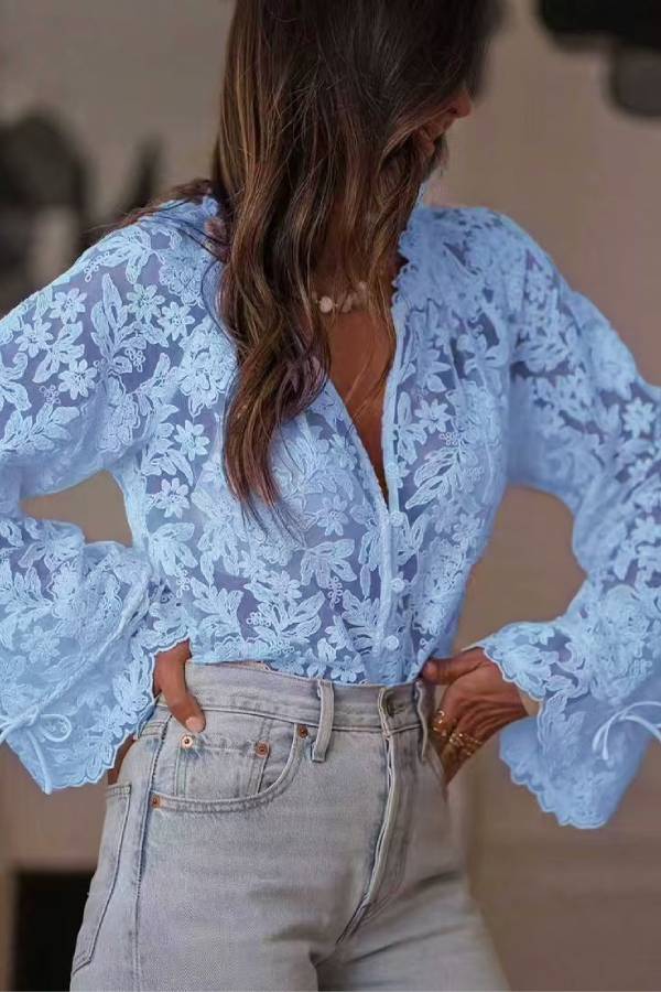 Multi-Color Floral Lace V-Neck Flare Sleeve Tie Blouse