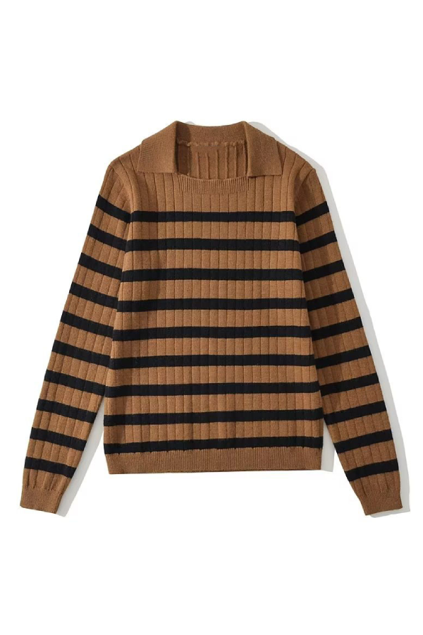 Lapel Loose Casual Striped Knit Sweater