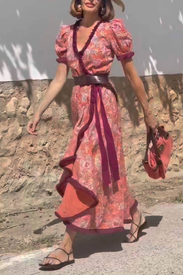 Puff Sleeve Colorblock Trim Wrap Floral Maxi Dress