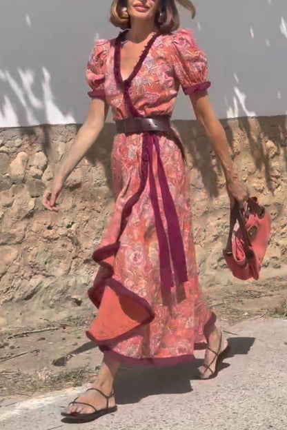 Puff Sleeve Colorblock Trim Wrap Floral Maxi Dress