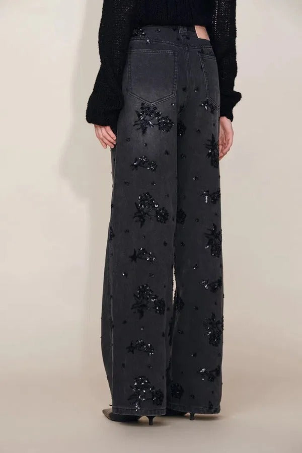 Jhenie Denim Beaded Sequin Floral Pattern Mid Rise Pocket Wide Leg Jeans