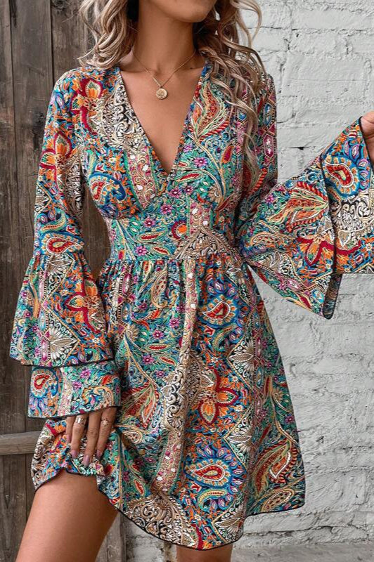 Elegant Paisley Print V Neck Bell Sleeve Boho Dress