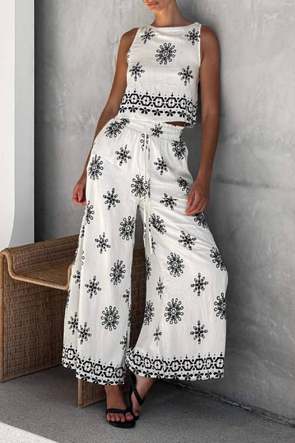 Boho Black & White Printed Sleeveless Top & Wide-Leg Pants Set