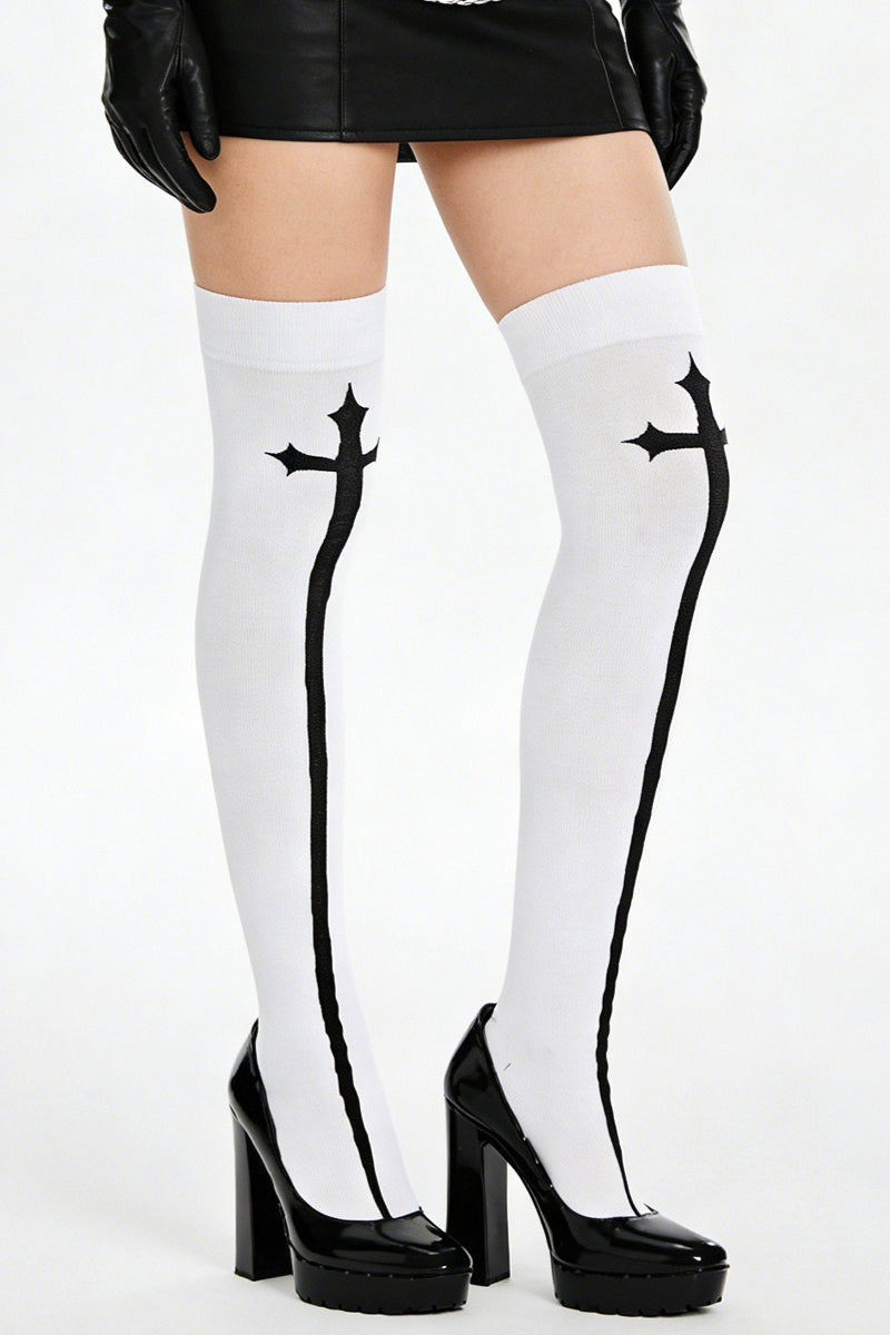 Gothic Cross Black White Thigh-High Stockings
