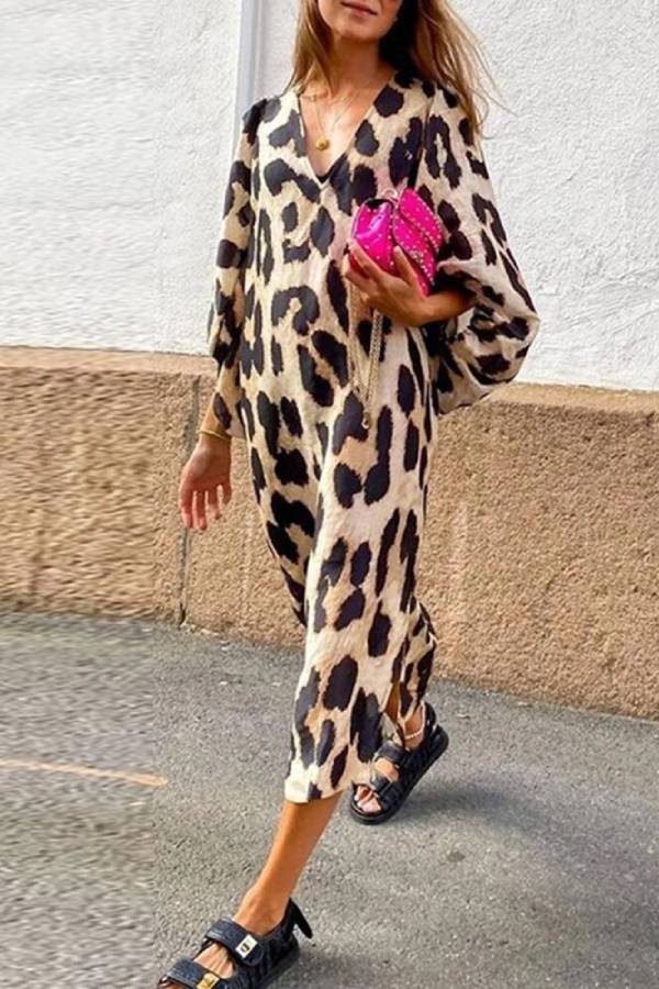 Loose V-Neck Leopard Print Balloon Sleeve Midi Dress