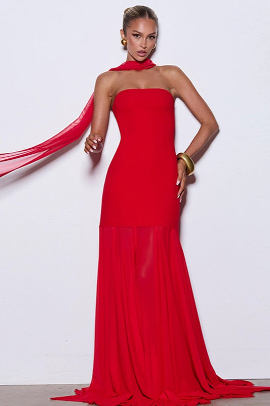 Mesh Panel Strapless Evening Gown Prom Dress