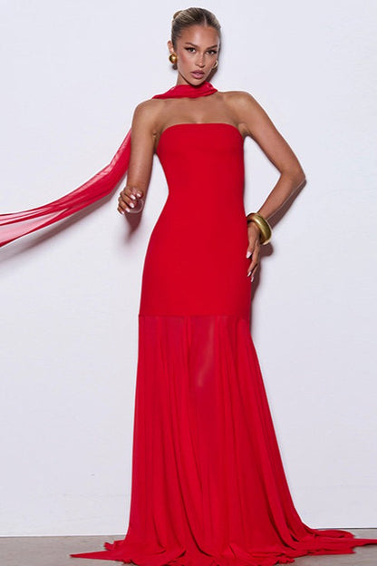 Mesh Panel Strapless Evening Gown Prom Dress