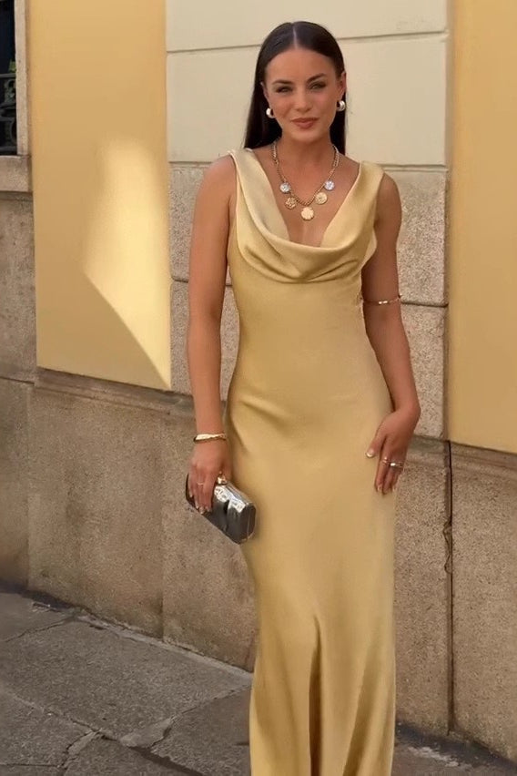 Draped Neck Backless Waist Cinch Elegant Formal Dress